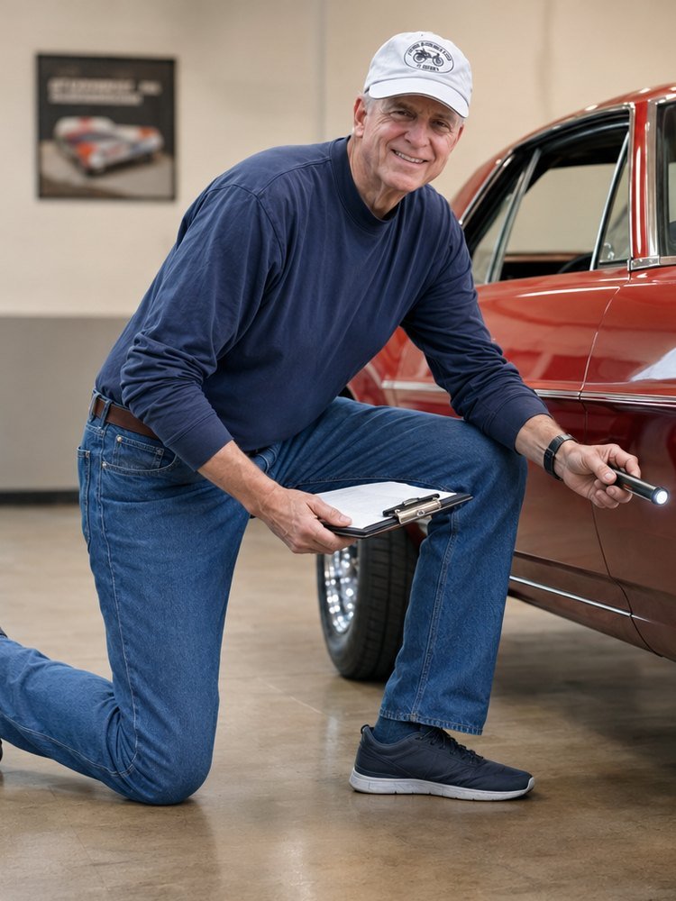 Mike Thies inspecting a red classic car during a vehicle appraisal
